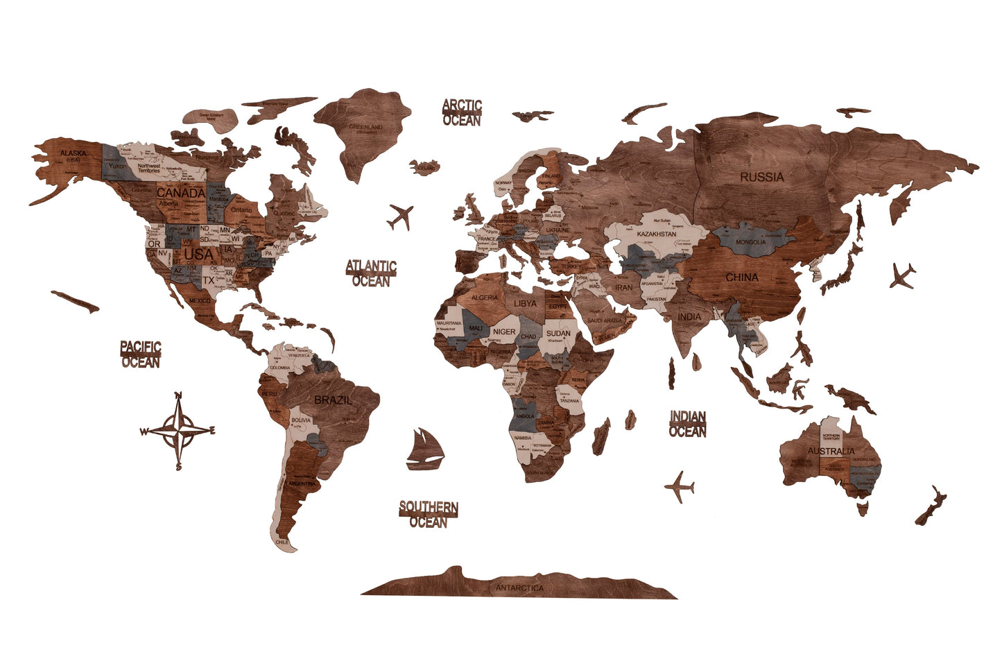 3D Wooden world map 30"x 59" ,brown