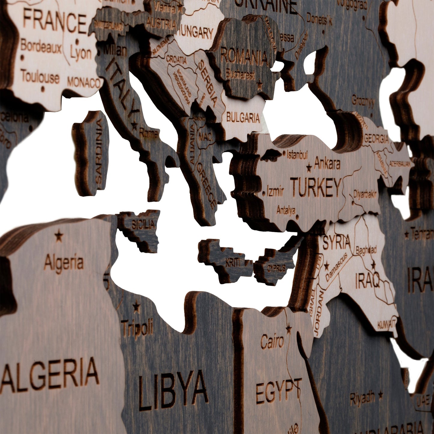 3D Wooden world map 30"x 59", light grey